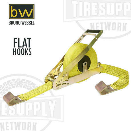 A retractable ratchet tie-down cargo strap with flat hooks, predominantly yellow with metal components, from Bruno Wessel.