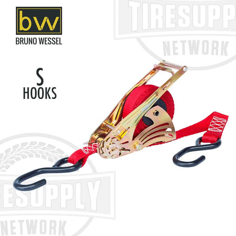 A gold and red retractable ratchet tie-down cargo strap with S-hooks and a brand logo displayed. QL150003