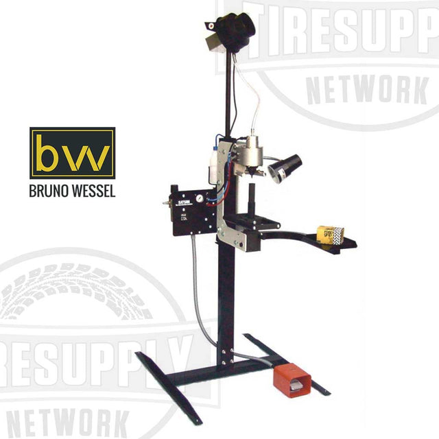 A Bruno Wessel AS-Style Semi-Automatic Tire Stud Insertion Machine on a white background, featuring a vertical metal structure, a tool tray, and branding elements. SATSIM-AS