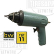 A Bruno Wessel stud gun insertion tool for 11mm base flange truck tire studs, model TSIT-11, in green color with black accents.