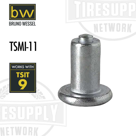 A single silver tire stud designed for passenger and light truck tires, with branding logos for Bruno Wessel and TSMI-11.
