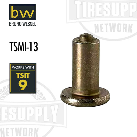 A single gold-colored tire stud with the Bruno Wessel logo and TSMI-13 indication, against a white background with text stating WORKS WITH TSIT 9.