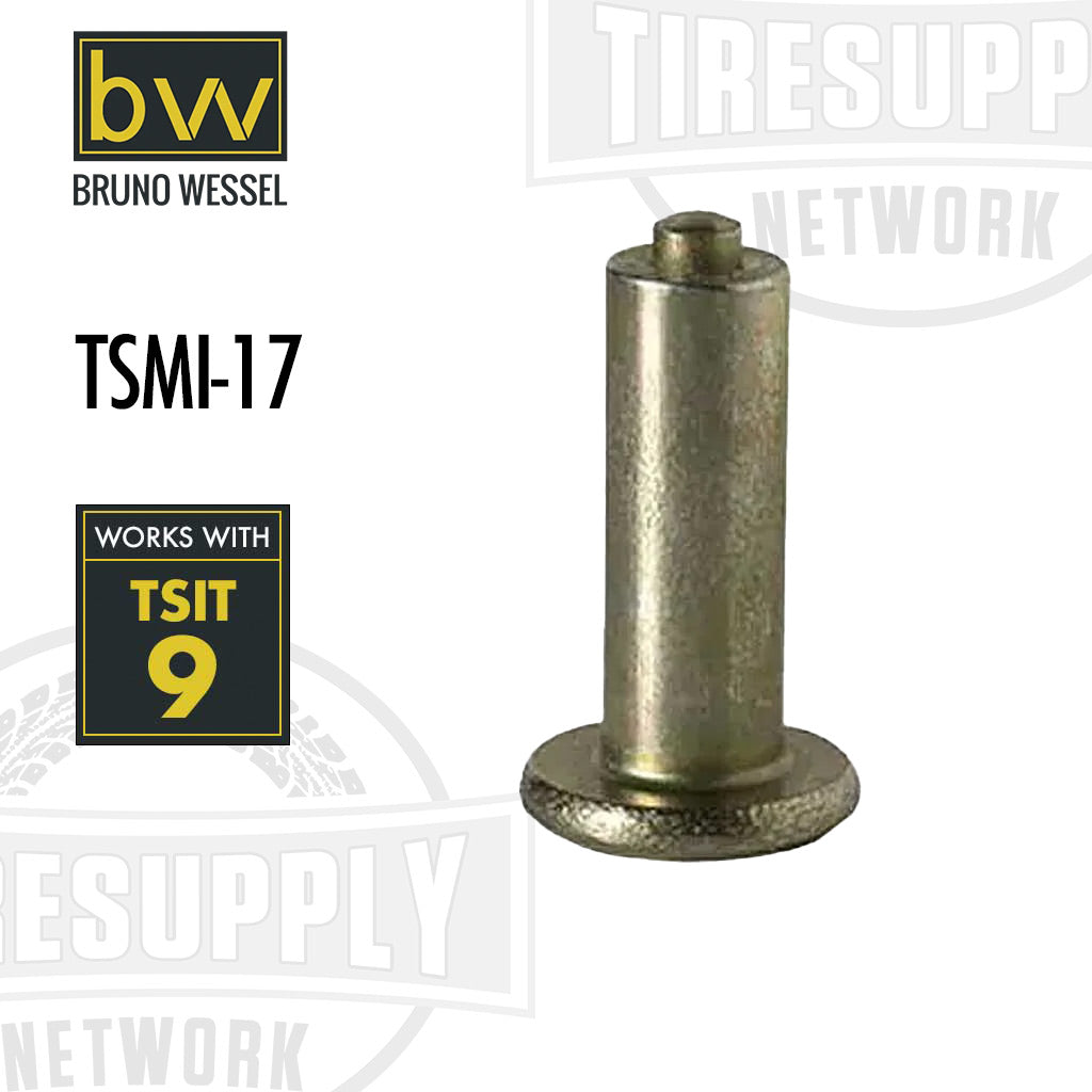 A single Bruno Wessel TSMI #17 gold-colored tire stud designed for passenger and light truck tires.