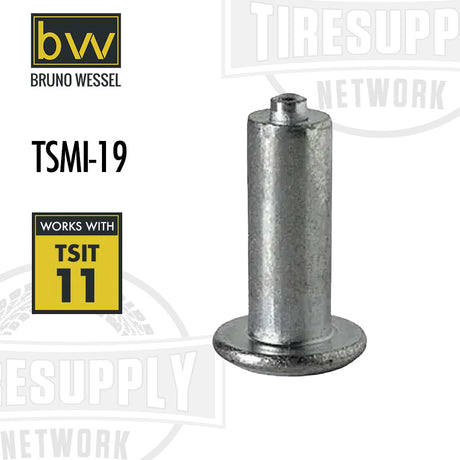 A single silver-colored Bruno Wessel TSMI-19 steel truck tire stud designed for increasing tire friction on icy surfaces.