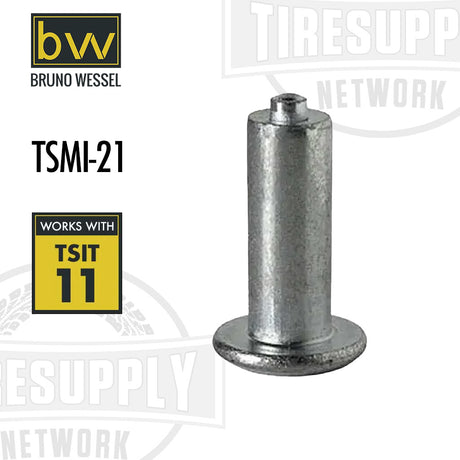 A single silver-colored steel truck tire stud with the Bruno Wessel brand logo and TSMI-21 label in the corner.