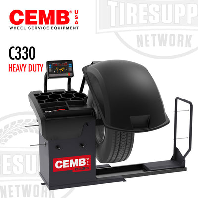 A CEMB heavy duty digital truck and bus wheel balancer, model C330, with a black lifting platform, spindle, and a tire mounted on the balancer, against a white background.