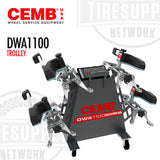 A CEMB Performance 8-Sensor CCD Wheel Alignment System Trolley (DWA1100TROLLEY) with a mobile structure and pivoting wheels, equipped with various sensors and grips, and labeled with the brand name and model details.