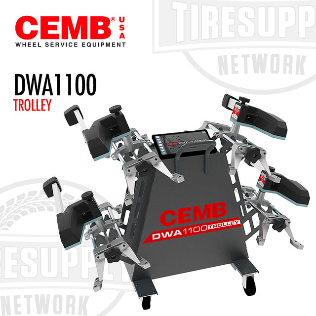 A CEMB Performance 8-Sensor CCD Wheel Alignment System Trolley (DWA1100TROLLEY) with a mobile structure and pivoting wheels, equipped with various sensors and grips, and labeled with the brand name and model details.