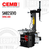 CEMB Space Saving Swing Arm Tire Changer (SM825EVO) is a mechanical device for changing tires, featuring a vertical swing arm, mounted on a base frame with various operational controls.
