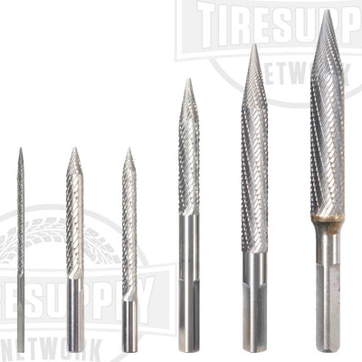 A set of carbide cutters of varying sizes designed for tire repair. Each cutter has a metallic finish and is pictured against a white background. CC3 CC4.5 CC6 CC8 CC10 CC12 14-332 14-33 14-334 14-335 RE5196593
