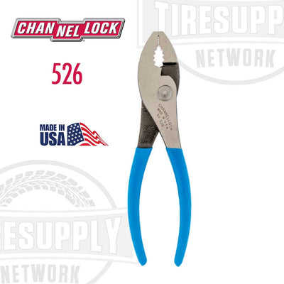 A pair of Channellock 6.5 inch slip joint pliers with blue grips, made in the USA. 526