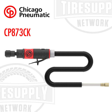 Chicago Pneumatic Low Speed Quick Chuck Tire Buffer - Complete Kit (CP873CK) with a black and red color scheme, featuring a flexible hose and a buffing wheel attachment.