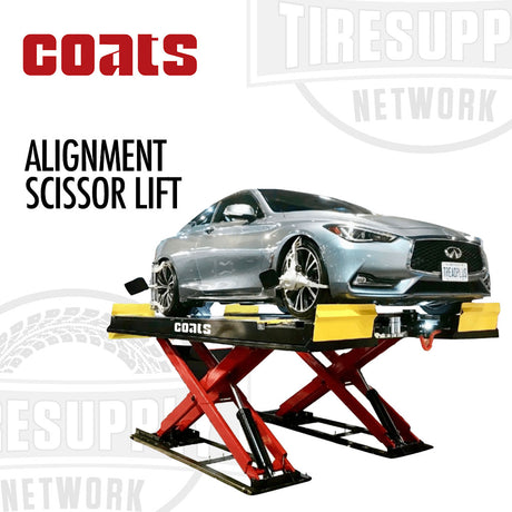 Car on a Coats alignment scissor lift with Coats and TIRESUPP Network branding.