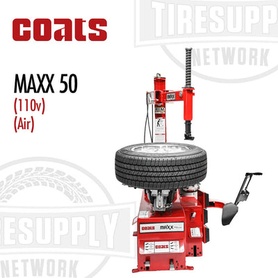 A red Coats MAXX 50 Rim Clamp Tire Changer machine with a tire mounted on it, designed for use in a tire shop.