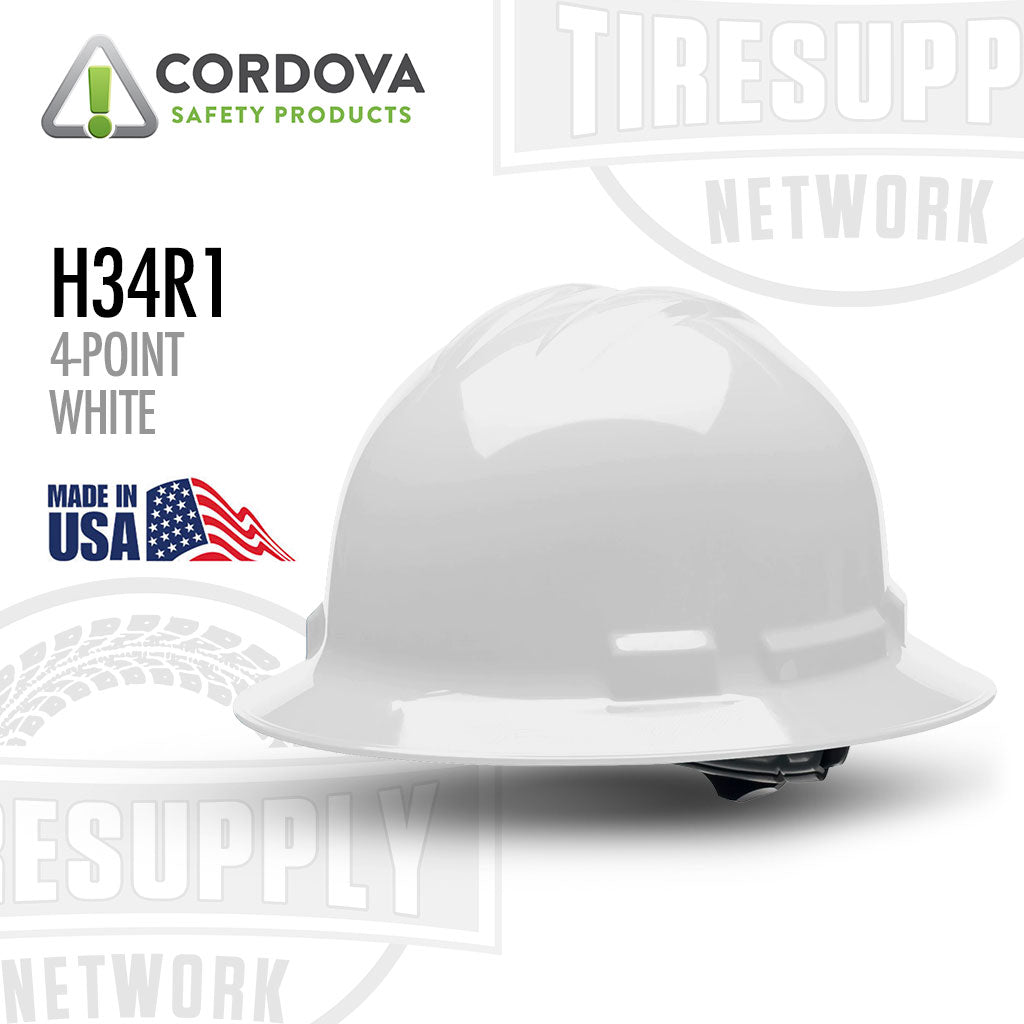 Cordova Safety Products H34R1 | DUO SAFETY 4-Point Ratchet - Full Brim Hard Hat - White