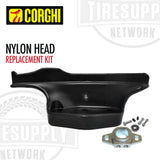 Replacement nylon head kit for Corghi and Coats tire changers, including the head and mounting hardware, displayed on a white background. 801250309