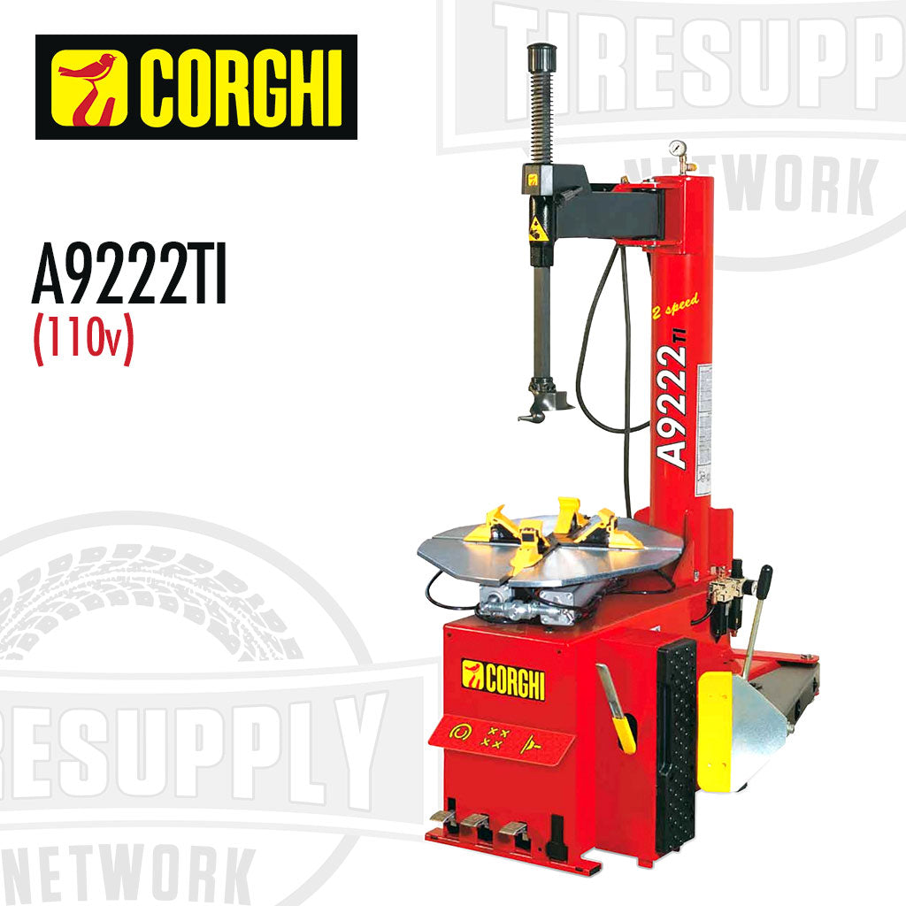 A red Corghi swing arm tire changer with electric motor, model A9222TI, on a white background.