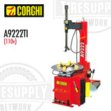 A red Corghi swing arm tire changer with electric motor, model A9222TI, on a white background.
