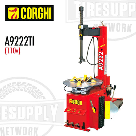 A red Corghi swing arm tire changer with electric motor, model A9222TI, on a white background.