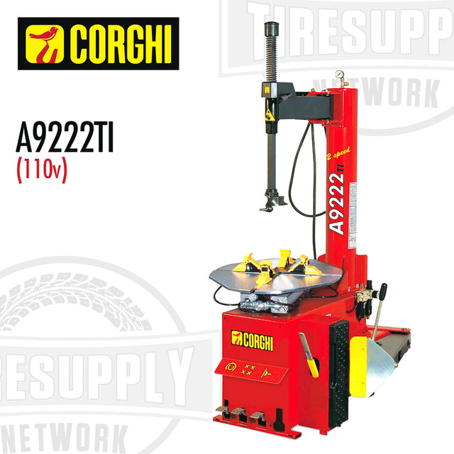 A red Corghi swing arm tire changer with electric motor, model A9222TI, on a white background.