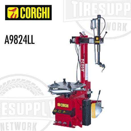 Corghi light tire changer, model A9824LL, with a red and black body, featuring a leverless head and a built-in tire inflator.