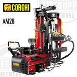 Corghi AM28 Auto Artiglio Master 28 inch touchless high performance tire changer machine, predominantly red with black and yellow accents, designed for automotive tire changing.