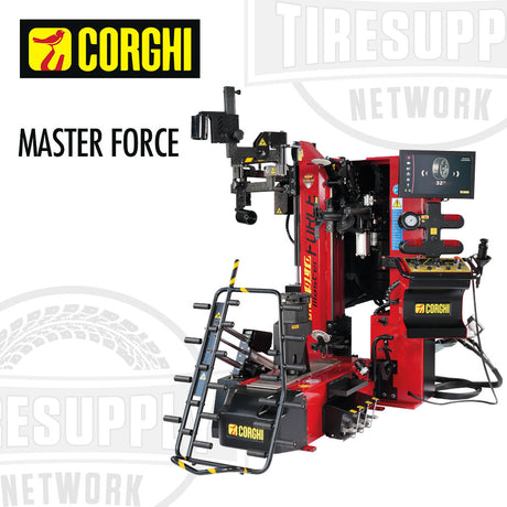 Red tire changing machine with 'Corghi' branding on a white background. Master Force.