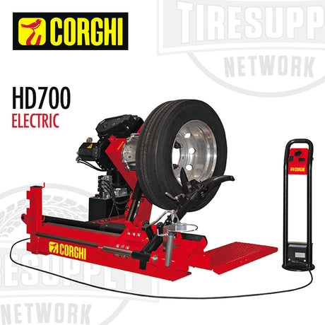 Corghi HD700 Electric heavy duty tire changer machine, predominantly red in color with a black wheel being changed, and a control module on the side.