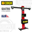 Red and black tire balancing machine with CORGHI branding on a white background. Quattro 4 HI-Q Cameras