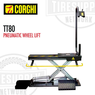 Corghi TT80 Pneumatic Wheel Lift for Wheel Balancers, featuring a black and yellow lift with a pneumatic pump and wheel support.