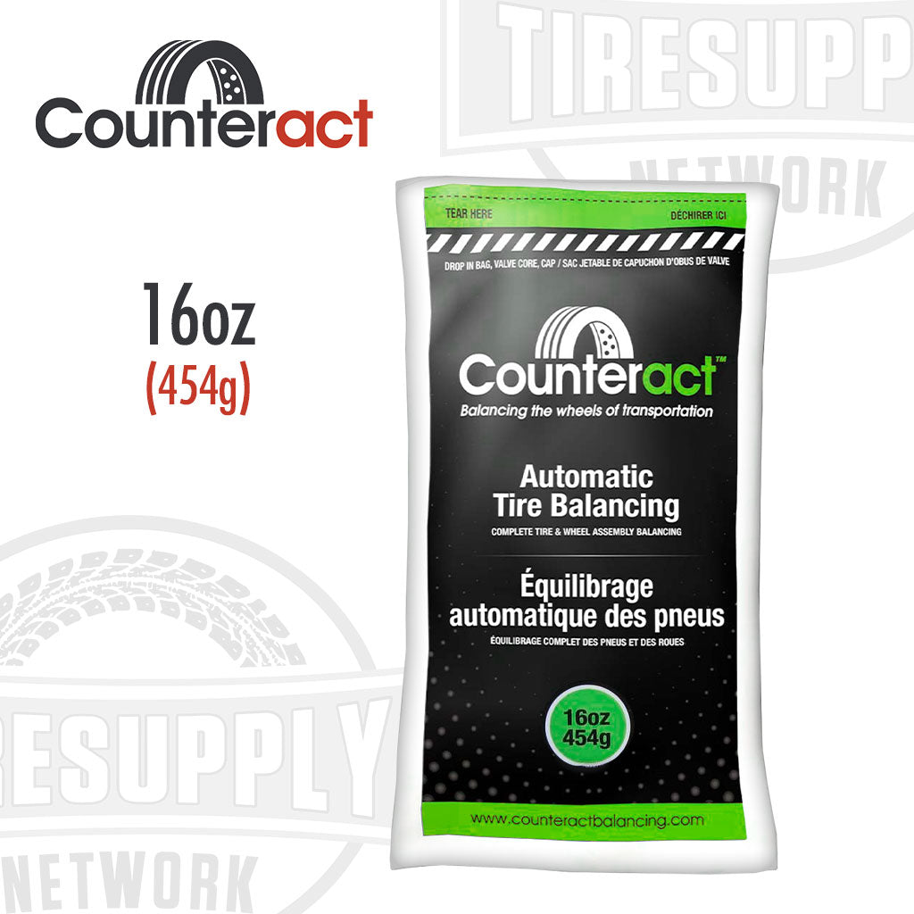 A 16 oz. bag of Counteract tire balancing beads with valve cap and valve core. green bag. CA16