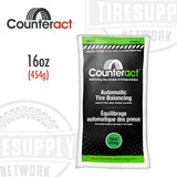 A 16 oz. bag of Counteract tire balancing beads with valve cap and valve core. green bag. CA16