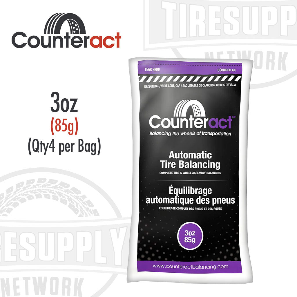 A package of Counteract tire balancing beads. Purple and white color scheme. Automatic Tire Balancing. CA3