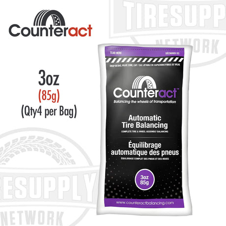A package of Counteract tire balancing beads. Purple and white color scheme. Automatic Tire Balancing. CA3