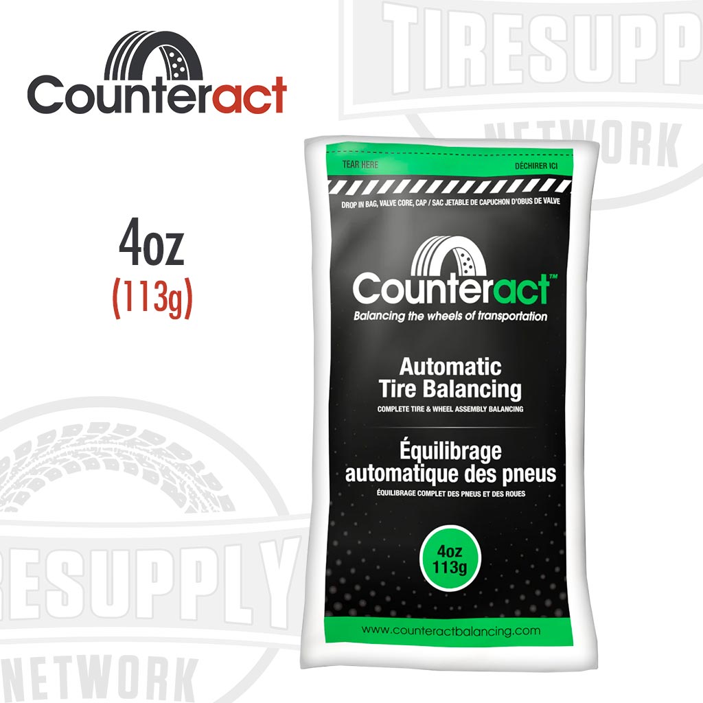Counteract automatic tire balancing beads with a valve cap and valve core, 4 oz size. CA4