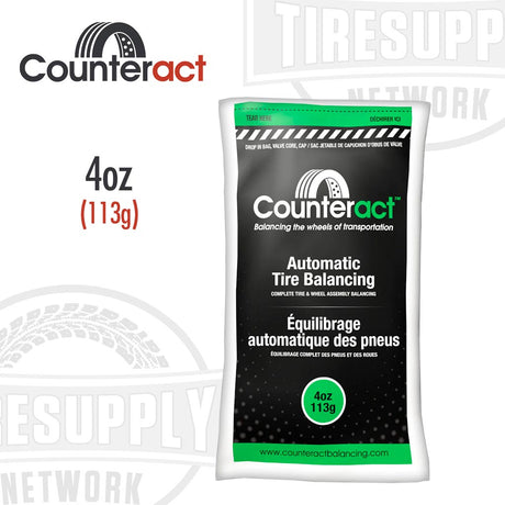 Counteract automatic tire balancing beads with a valve cap and valve core, 4 oz size. CA4
