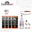 Counteract tire balancing beads kit, including four 6 oz. bags of beads, valve cores, valve caps, a valve core remover, and an injection bottle with tube, arranged on a white background. KITL