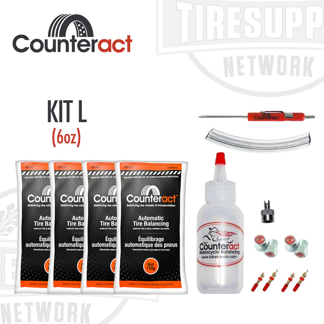 Counteract tire balancing beads kit, including four 6 oz. bags of beads, valve cores, valve caps, a valve core remover, and an injection bottle with tube, arranged on a white background. KITL
