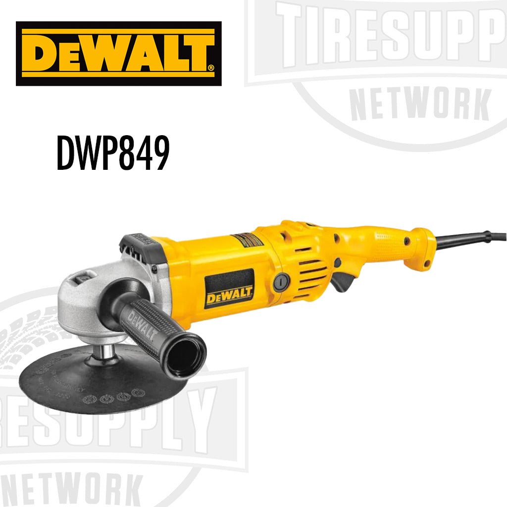 DeWALT Electronic Variable Speed Polisher (DWT-DWP849) with a yellow and black color scheme, featuring a rubber backing pad and side handle.