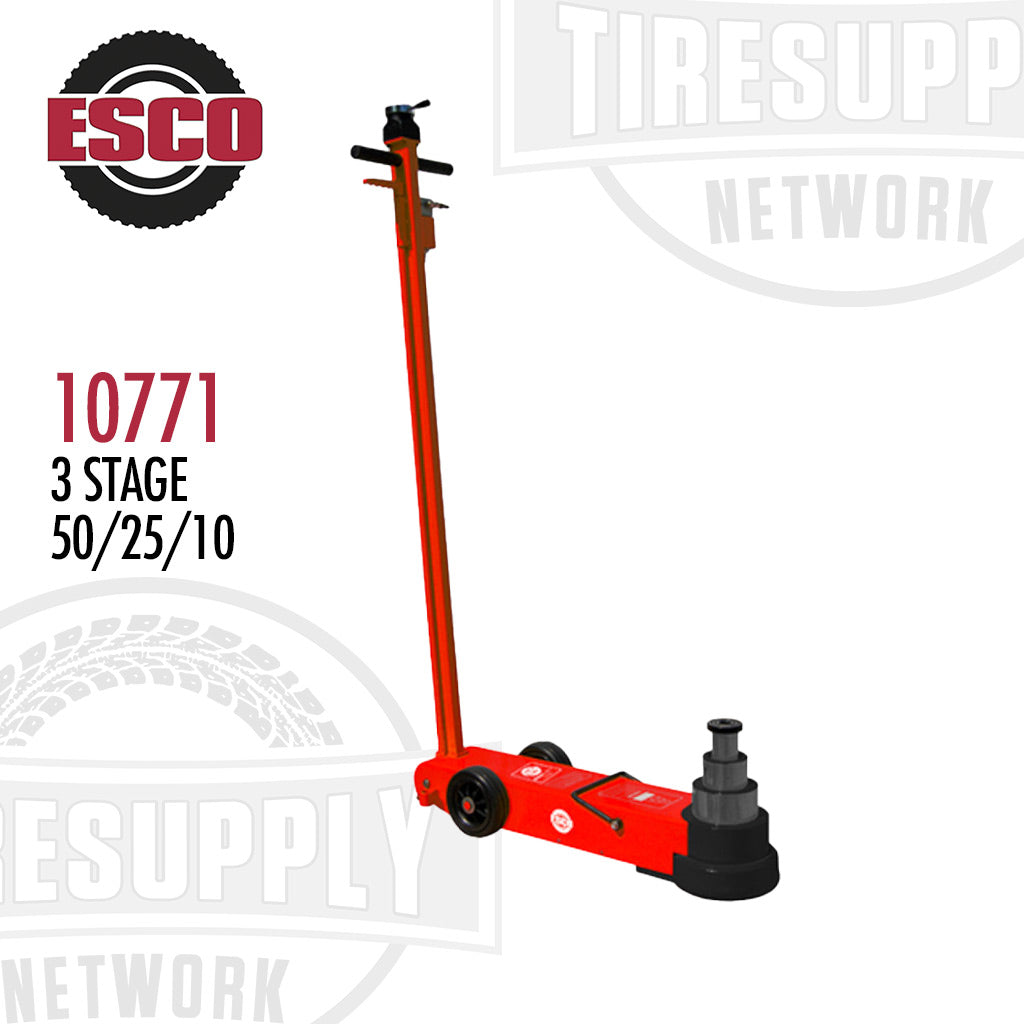 ESCO Yellow Jackit 3-Stage Hydraulic Floor Jack, model 10771, in red color with black and silver details, designed for lifting and heavy duty applications.