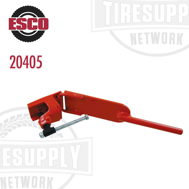 A red ESCO agricultural tire bead holder with a metal flip-handle, designed for positioning beads onto tractor tires. 20405.