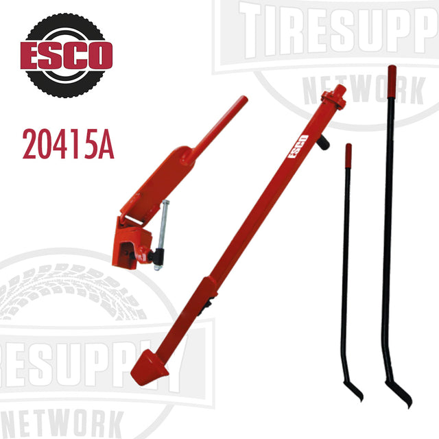 A set of red ESCO tire changing tools including a universal demounter and two mounting bars, with the product number 20415A visible.