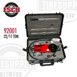 ESCO 92001 Yak 2-Stage Portable Air Hydraulic Service Jack in a gray portable case with the jack, extensions, and handle visible inside.