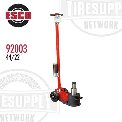 ESCO brand air hydraulic heavy duty jack, model 92003, with a capacity of 44/22 ton. The jack is predominantly red with black and gray components, standing vertically with the brand logo visible at the top.