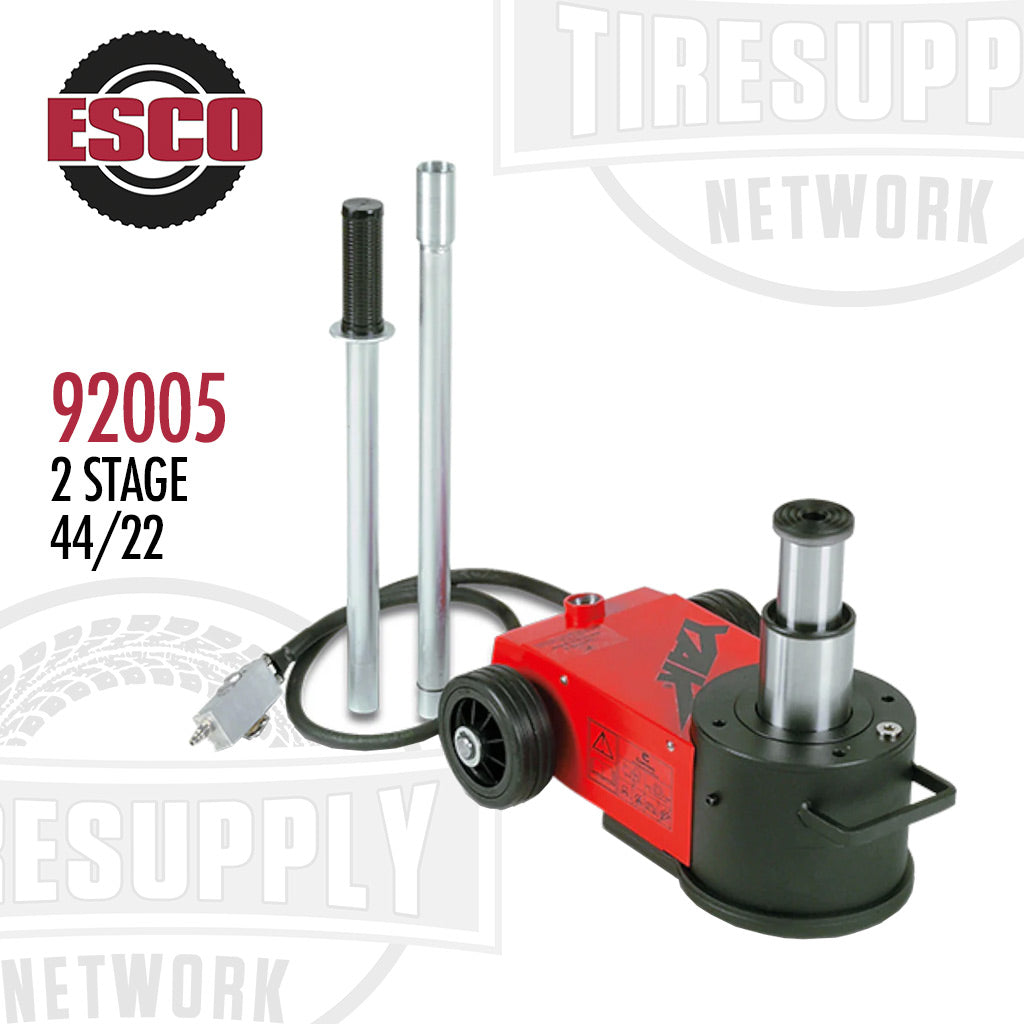 ESCO Yak 2-Stage 44/22 Ton Portable Air Hydraulic Jack, predominantly red with black and silver accents, including a removable handle and three extensions, on a white background.