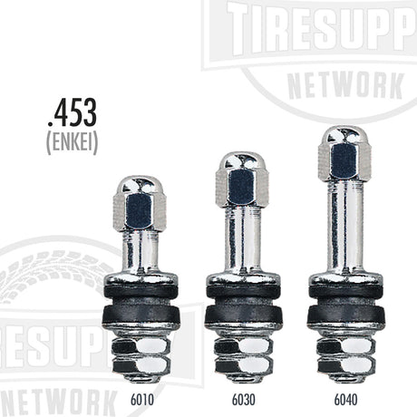 A set of Enkei straight metal valve stems with .453 hole size, displayed in three different sizes, labeled with respective effective lengths and model numbers. TV-60