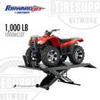 Red ATV on a Forward Lift by Rotary platform with visible branding. 1000MCLDTMFBK