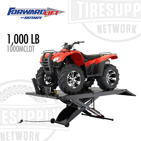 Red ATV on a Forward Lift by Rotary platform with visible branding. 1000MCLDTMFBK
