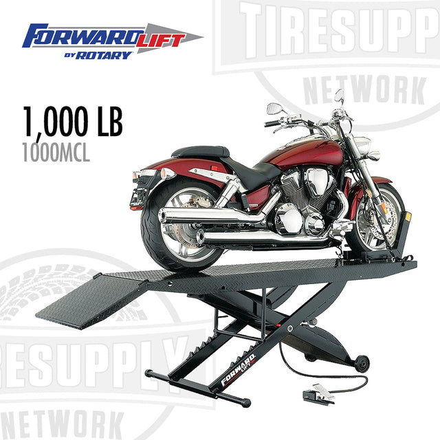 Motorcycle on a Forward Lift by Rotary lift with 'Tiresupply Network' branding. 1000MCLMFBK