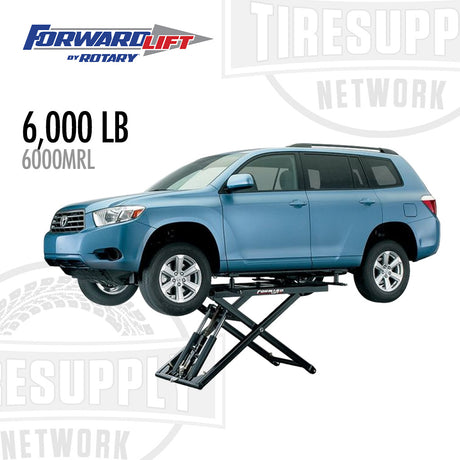 Blue SUV on a Forward Lift by Rotary car lift with 'Tiresupp Network' branding. 6000MRLFBK